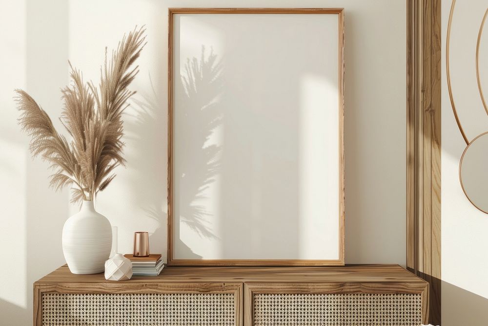 Blank framed photo mockup windowsill furniture indoors.