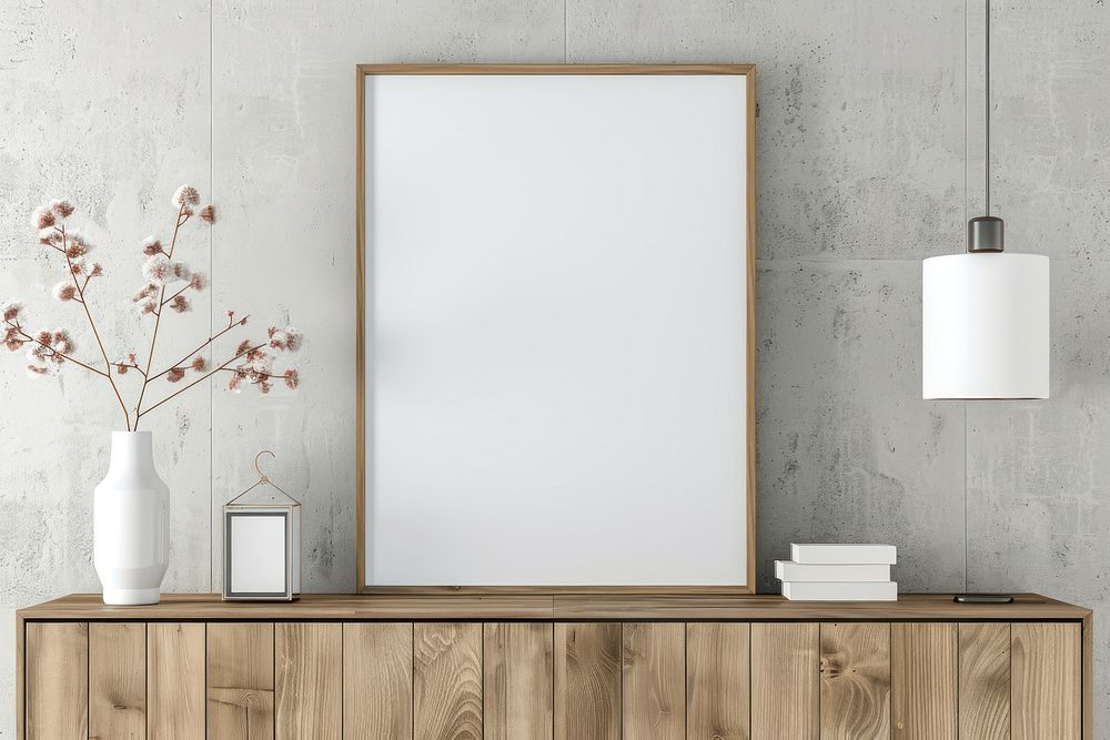 Blank framed photo mockup cabinet furniture sideboard.