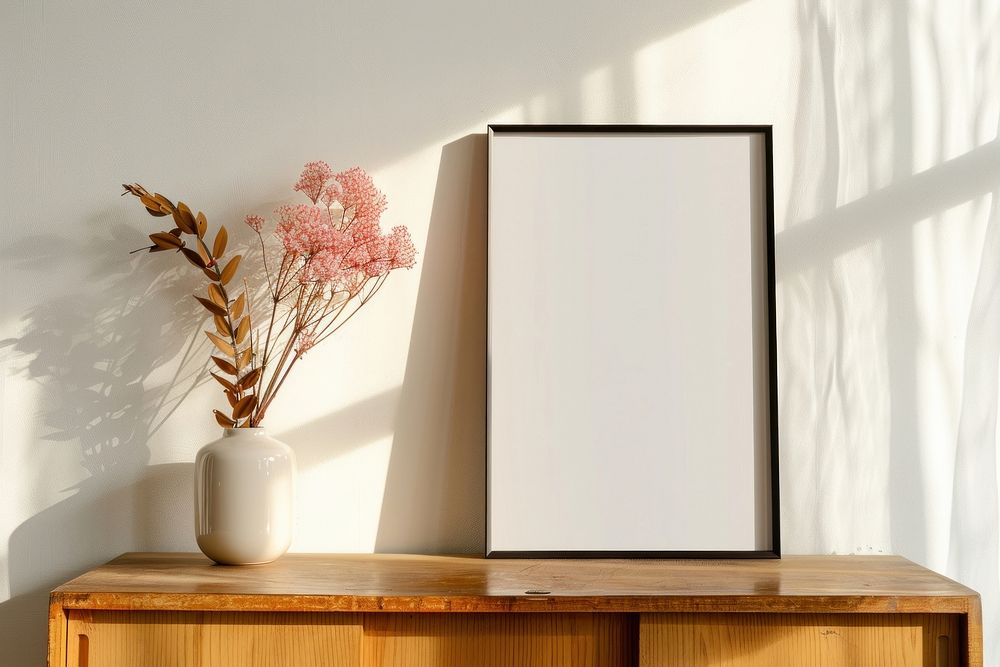 Blank framed photo mockup cabinet furniture blossom.