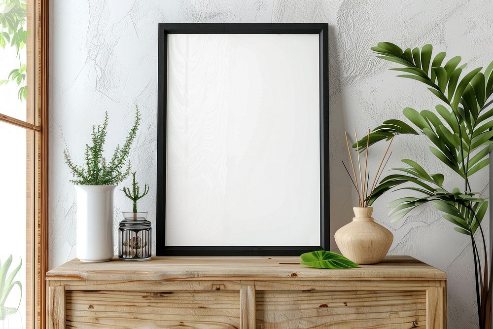 Blank framed photo mockup indoors plant interior design.