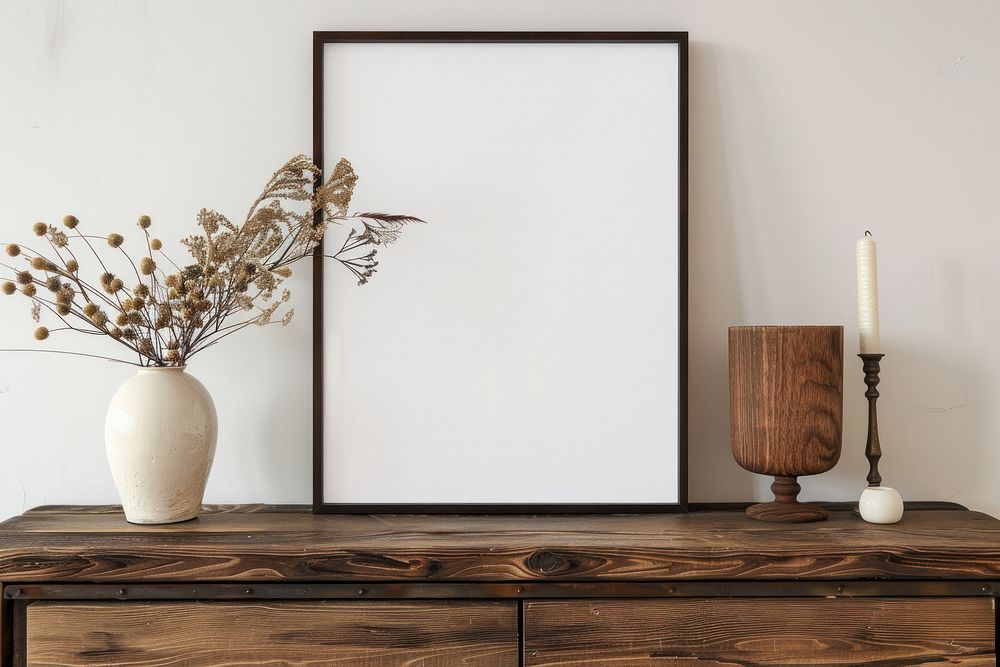 Blank framed photo mockup candle mirror white board.