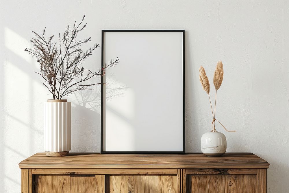 Blank framed photo mockup furniture plant white board.