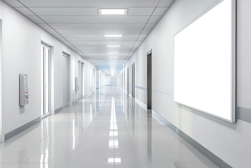 Hospital indoors hallway white board.