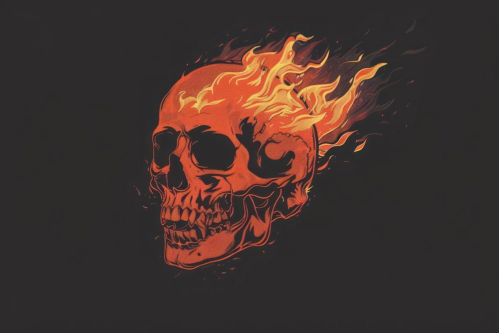 Skull on fire illuminated creativity darkness.