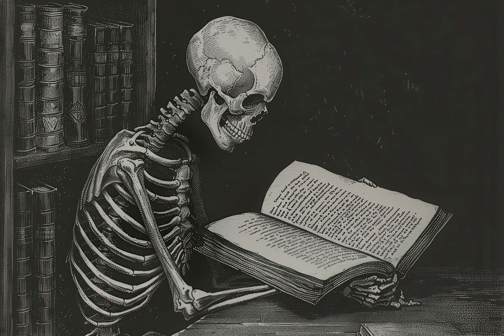 Skeleton reading book publication monochrome darkness.