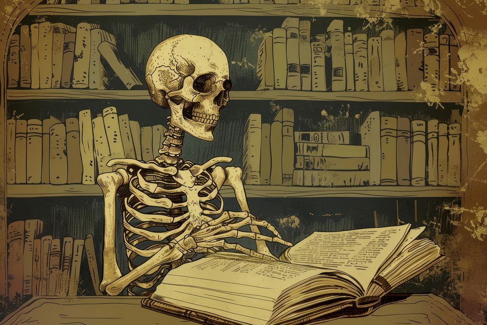 Skeleton reading book publication library representation.