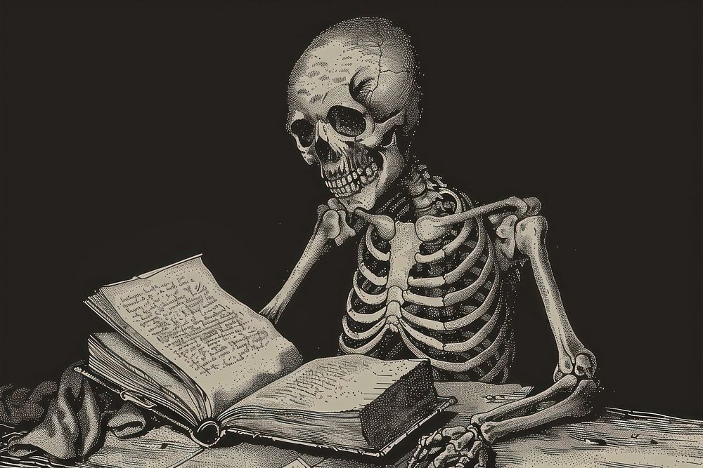 Skeleton reading book publication monochrome darkness.