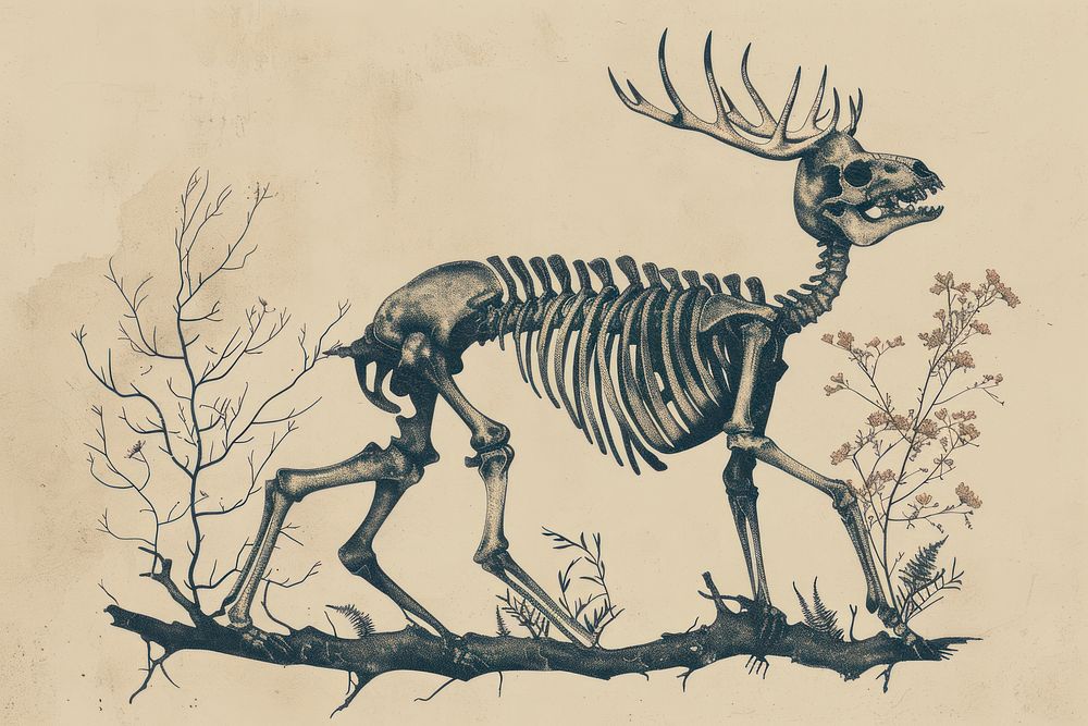 Skeleton with animal dinosaur drawing sketch.