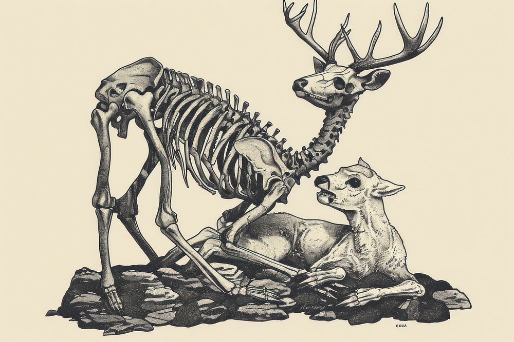 Skeleton with deer skeleton animal mammal representation.