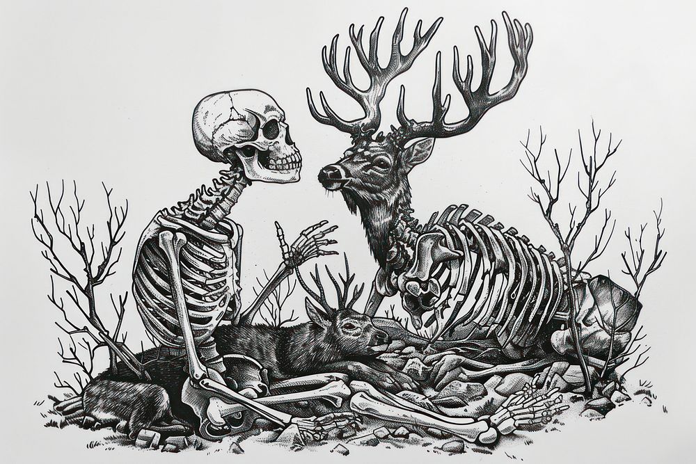 Skeleton with deer skeleton drawing animal mammal.