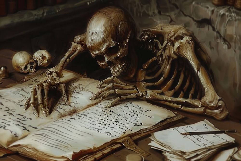 Skeleton writing anthropology publication darkness.