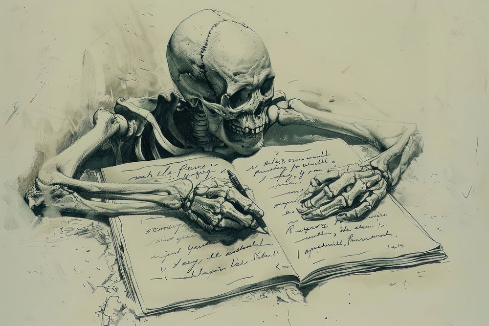 Skeleton writing drawing sketch art.