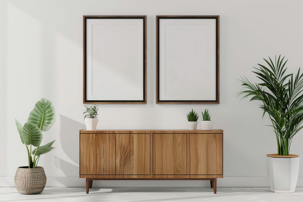 Blank picture frame mockups furniture sideboard indoors.