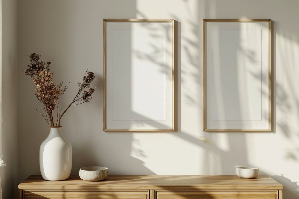 Blank picture frame mockups windowsill furniture painting.