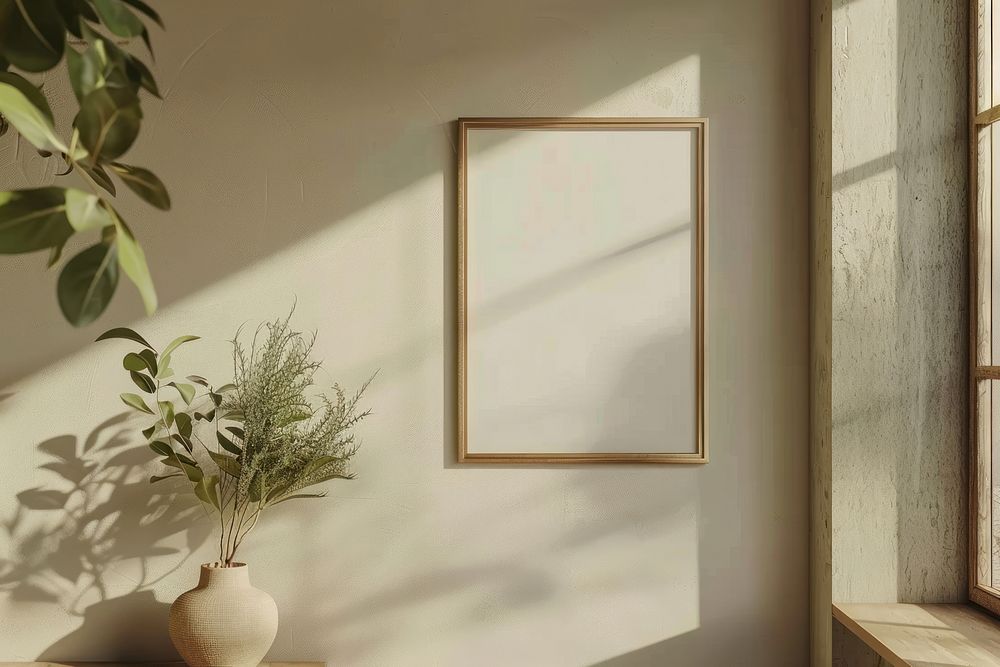 Blank picture frame mockups windowsill painting indoors.