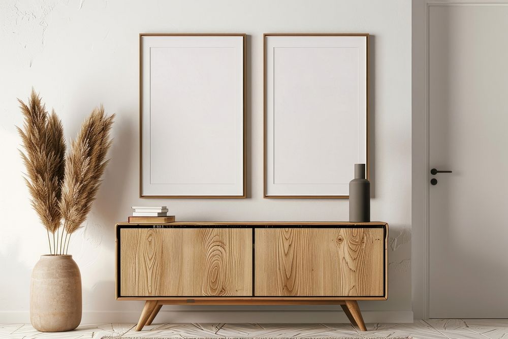 Blank picture frame mockups cabinet furniture sideboard.