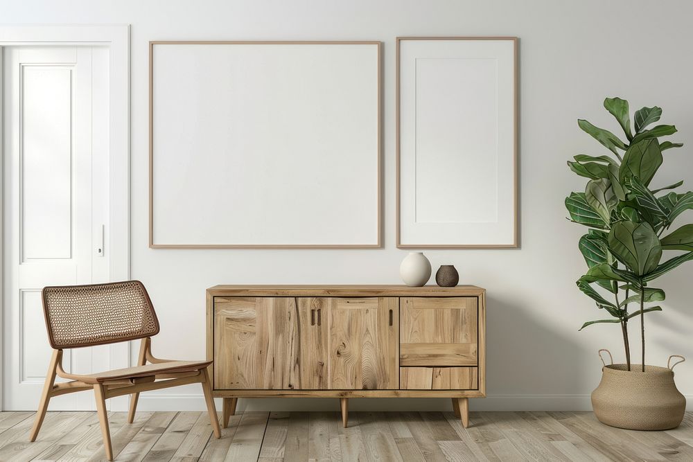 Blank picture frame mockups wood furniture sideboard.