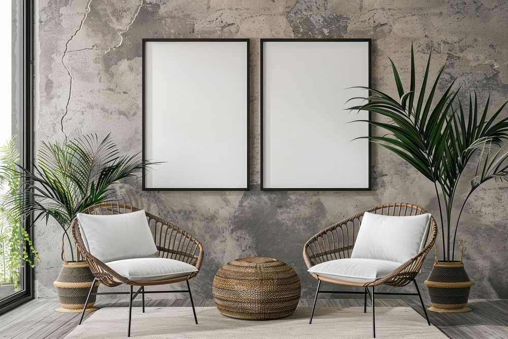 Blank picture frame mockups furniture indoors plant.