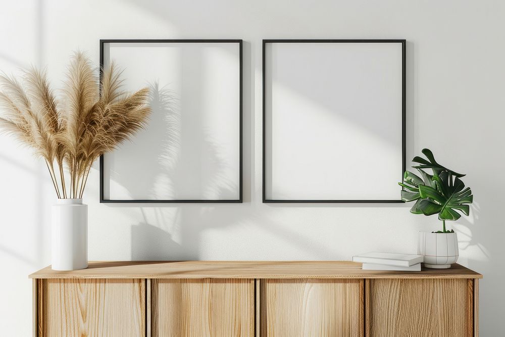 Blank picture frame mockups cabinet furniture sideboard.