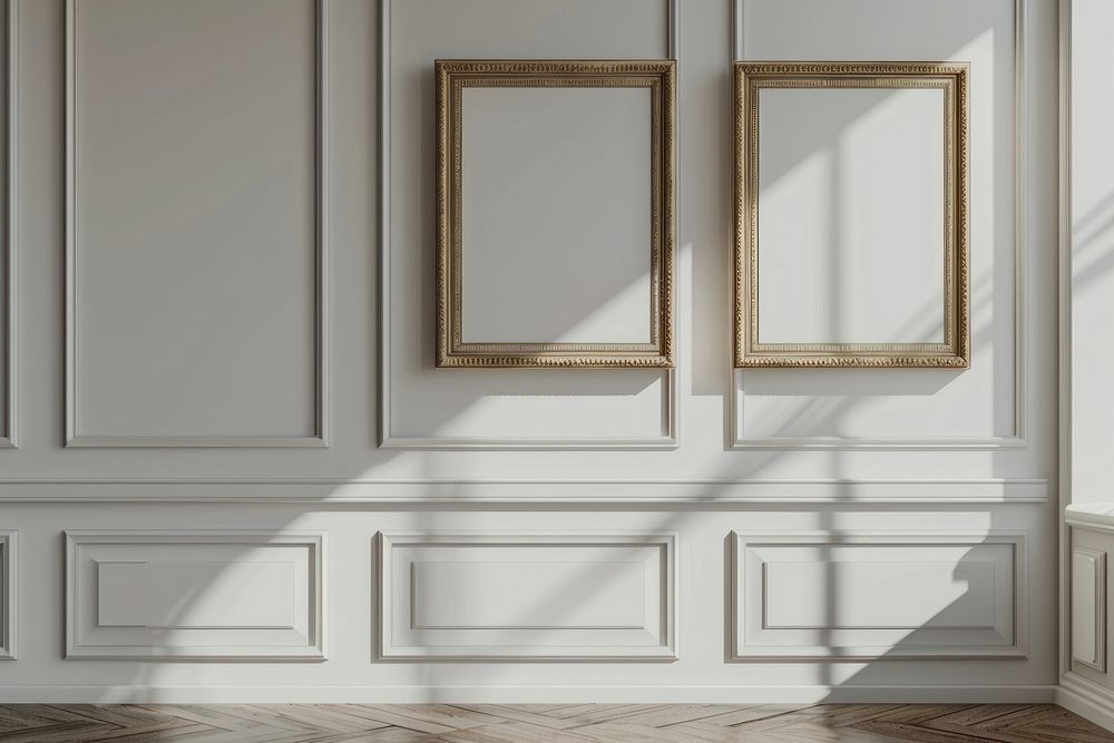 Blank picture frame mockups indoors floor wood.