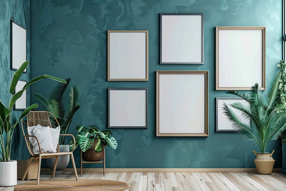 Blank picture frame mockups furniture painting indoors.