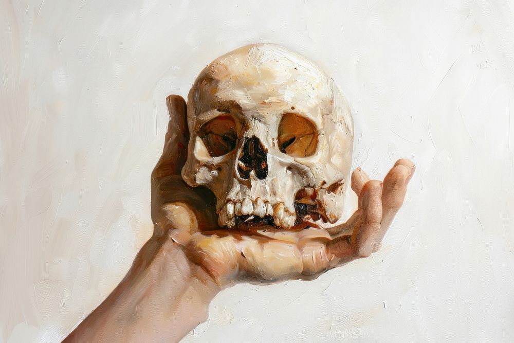 Hand holding skull painting art photography.