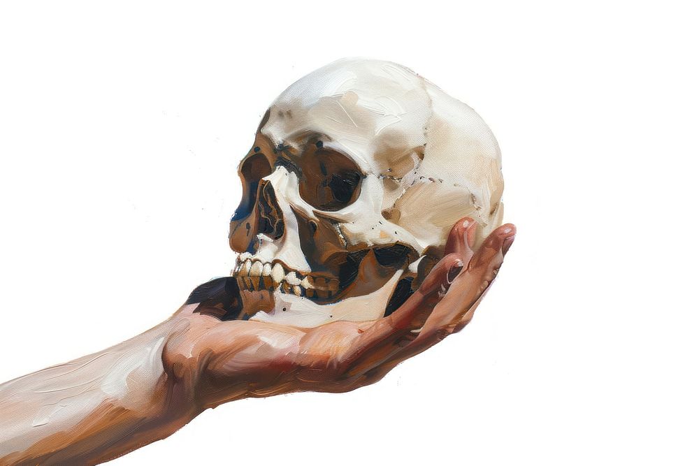 Hand holding skull white background anatomy finger.