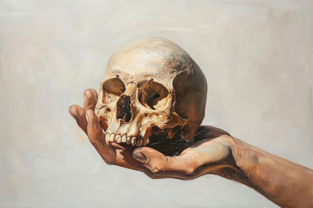 Hand holding skull painting art anthropology.