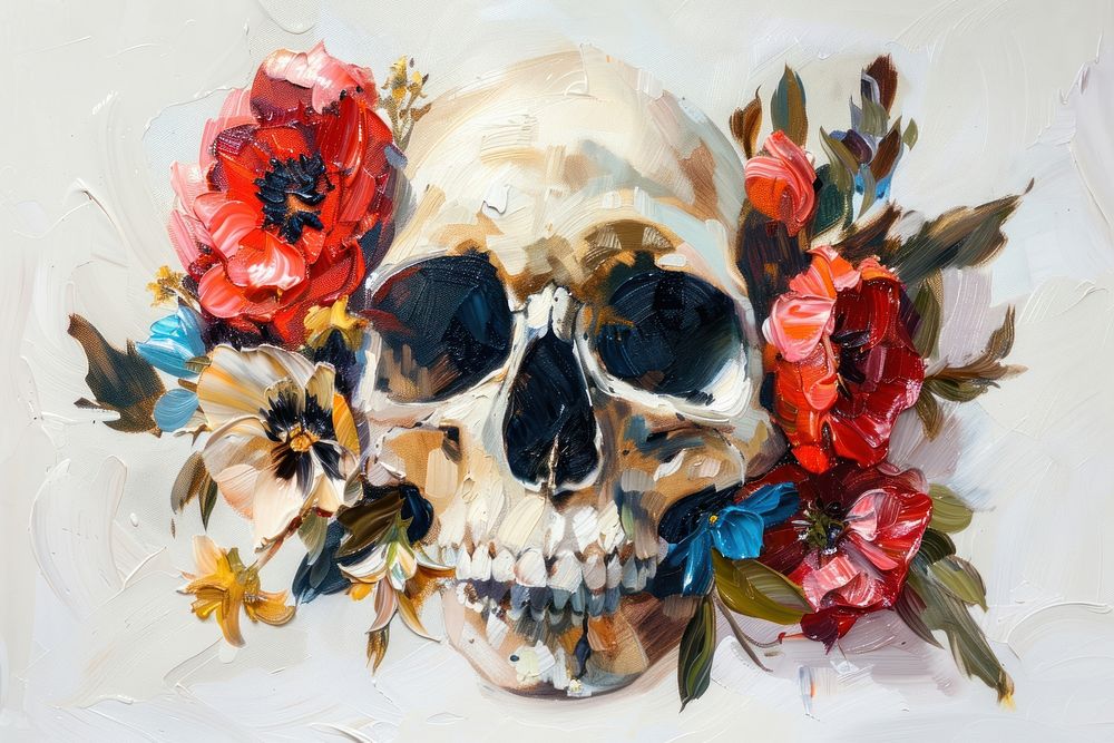 Skull made by flower painting plant art.