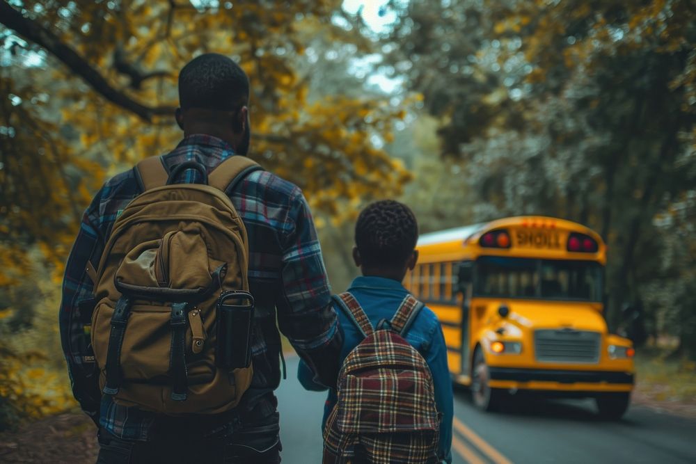 Black father taking son to the school bus transportation backpack vehicle.