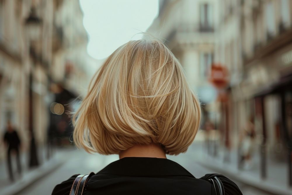 Woman blonde french bob hairstyles street back architecture.