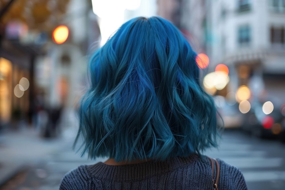Woman blue mid-length wave hairstyles street adult architecture.