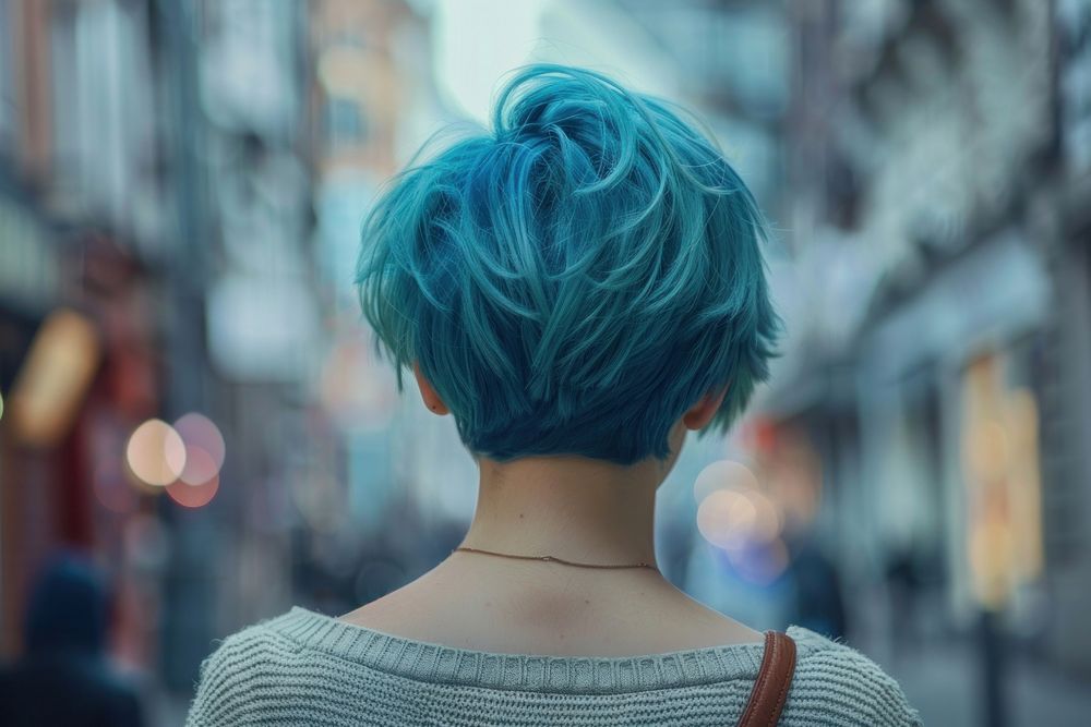 Woman blue pixie cut hairstyles street individuality architecture.