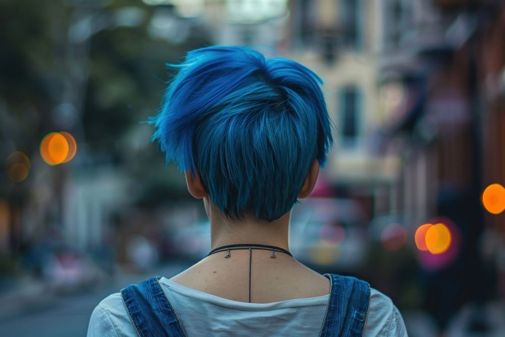 Woman blue pixie cut hairstyles street back individuality.