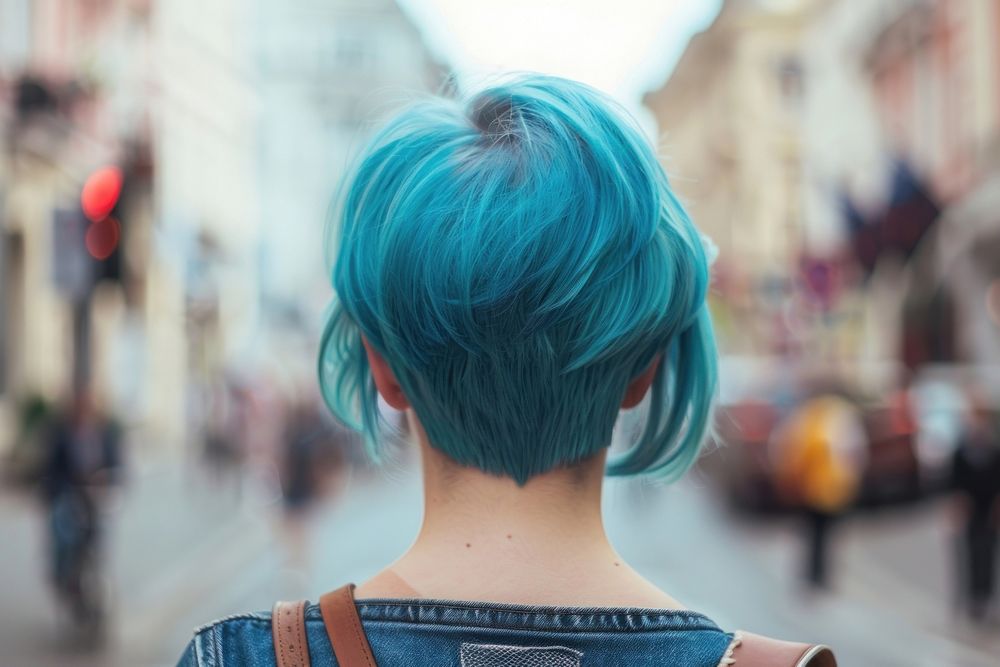 Woman blue pixie cut hairstyles street adult individuality.