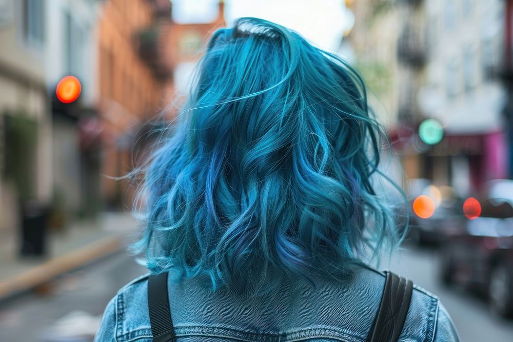 Woman blue the shullet hairstyles street adult individuality.