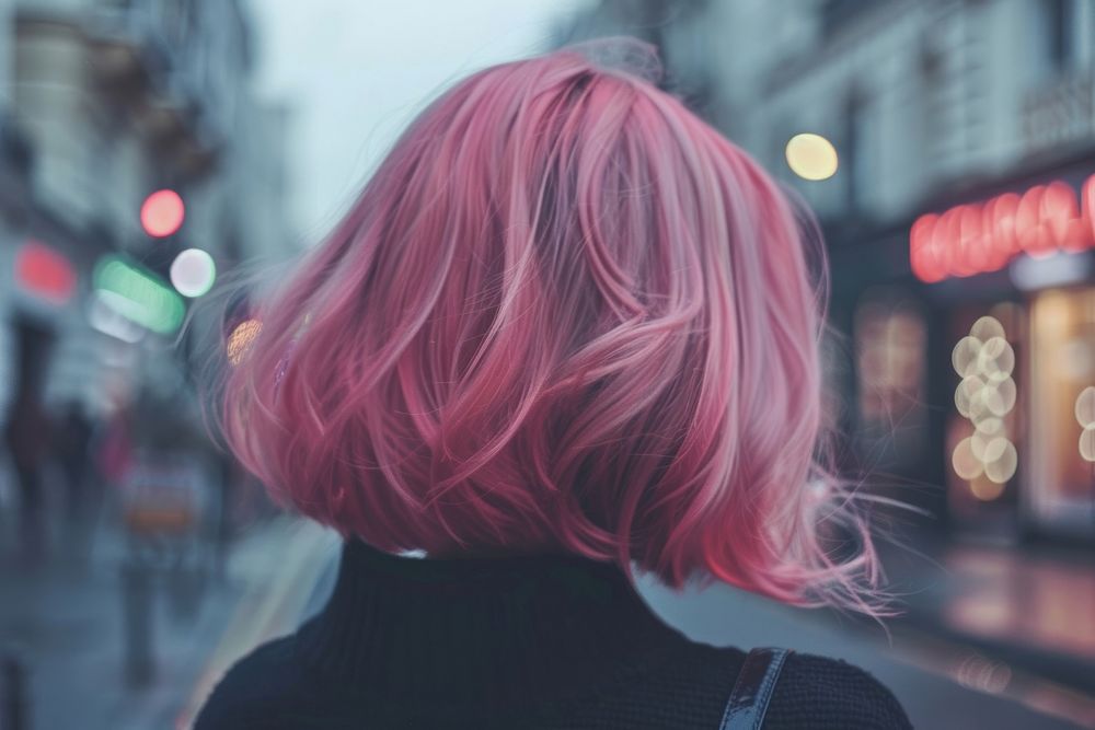 Woman pink french bob hairstyles street adult architecture.