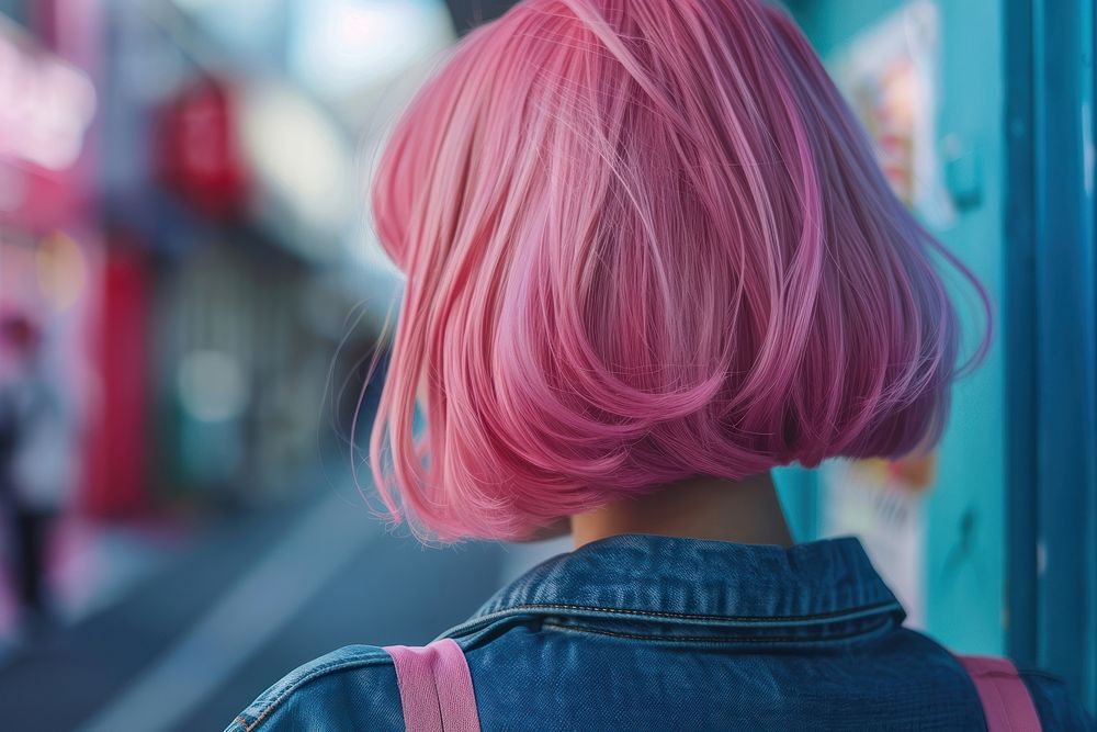 Woman pink french bob hairstyles individuality architecture headshot.