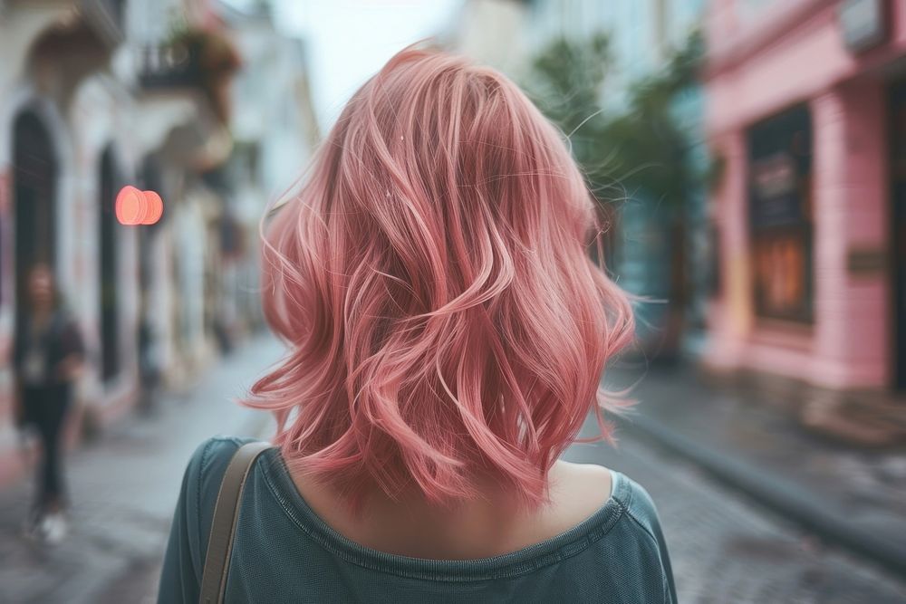 Woman pink mid-length wave hairstyles street architecture portrait.