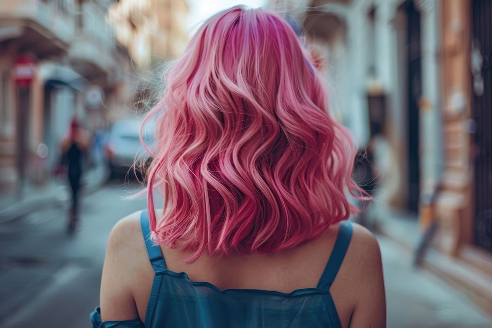 Woman pink mid-length wave hairstyles street adult individuality.
