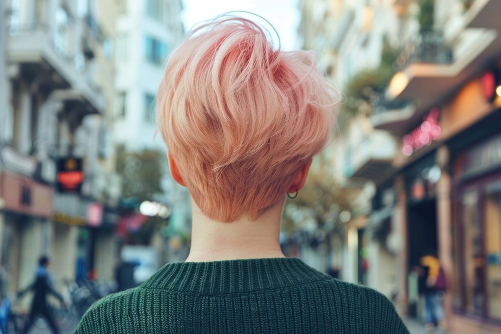 Woman pink pixie cut hairstyles adult individuality architecture.