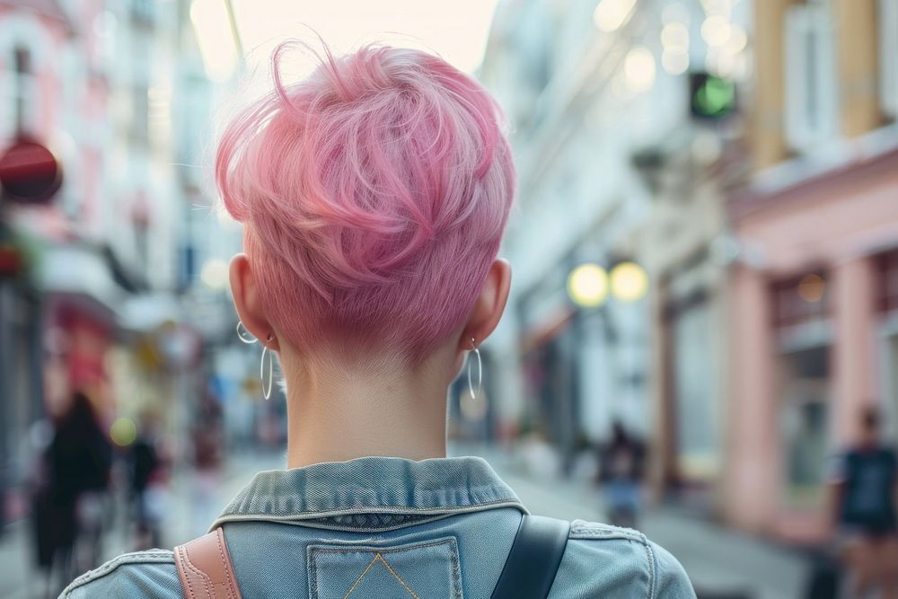 Woman pink pixie cut hairstyles street adult individuality.