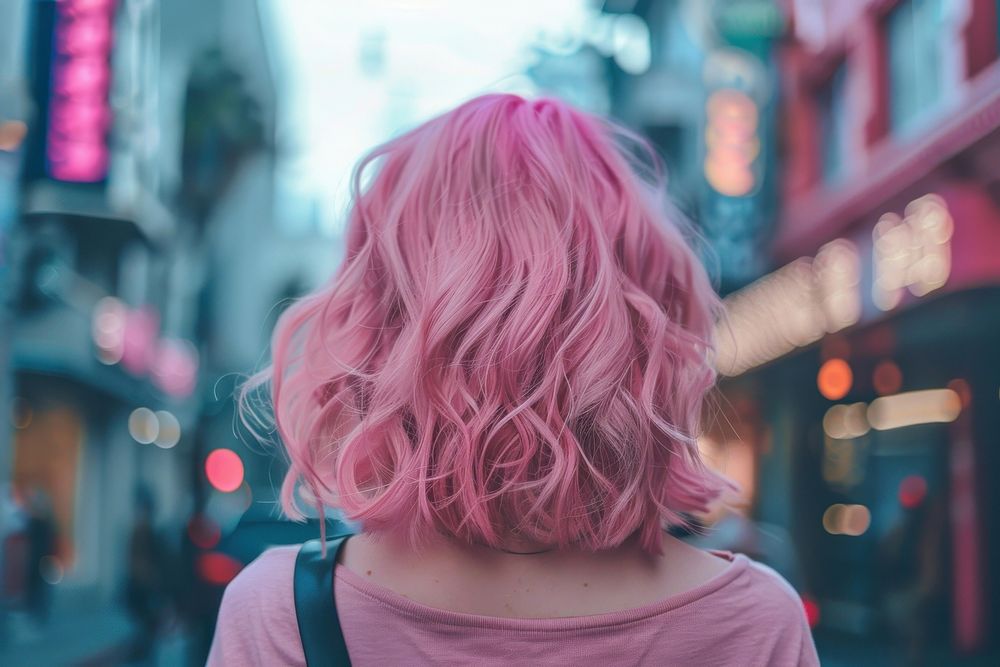 Woman pink the shullet hairstyles street architecture portrait.
