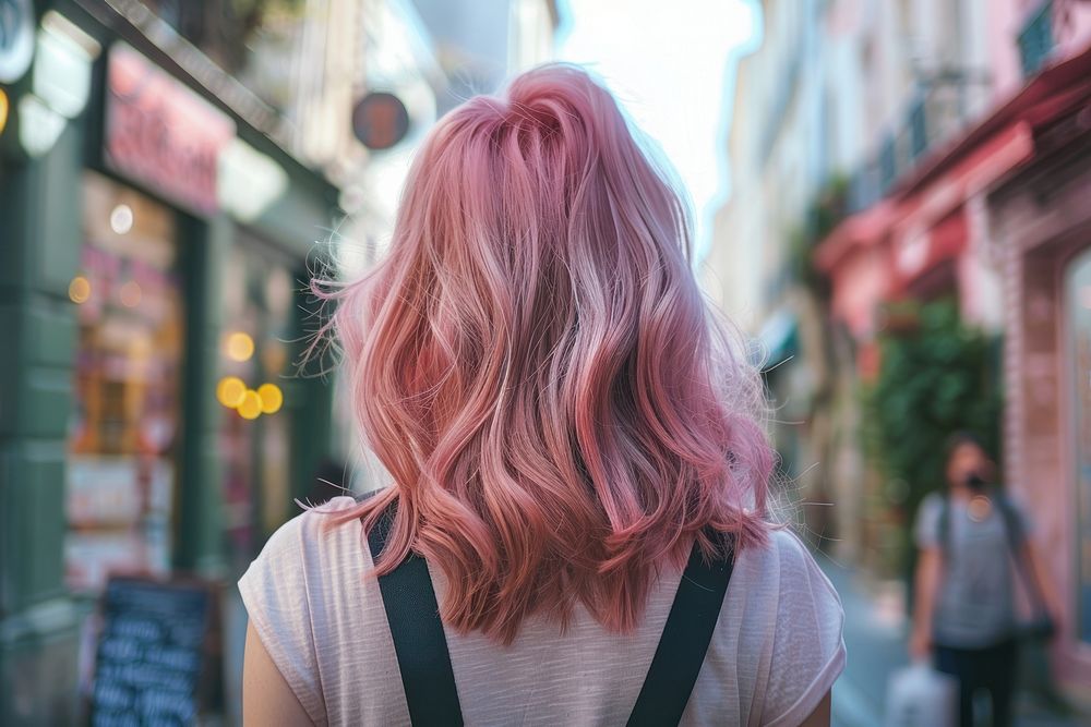 Woman pink the shullet hairstyles street adult architecture.