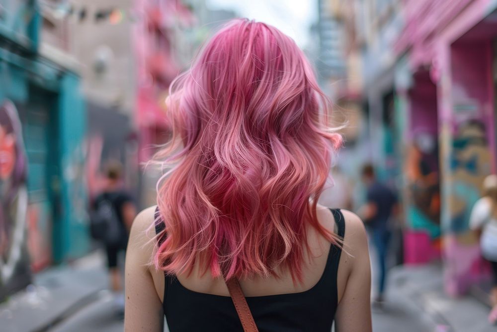 Woman pink the shullet hairstyles street adult individuality.