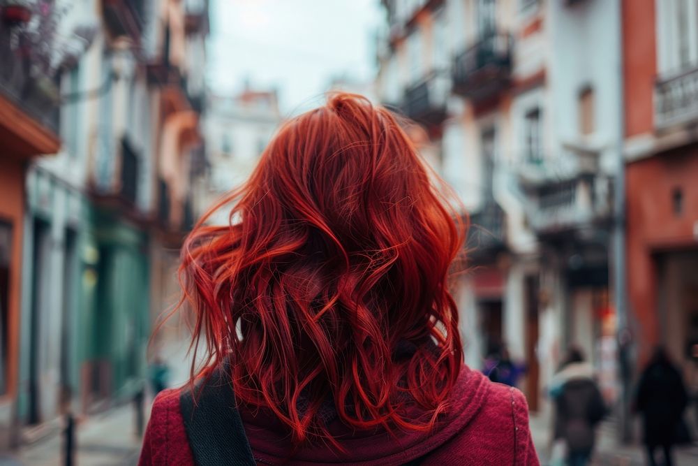 Woman red the shullet hairstyles street adult architecture.