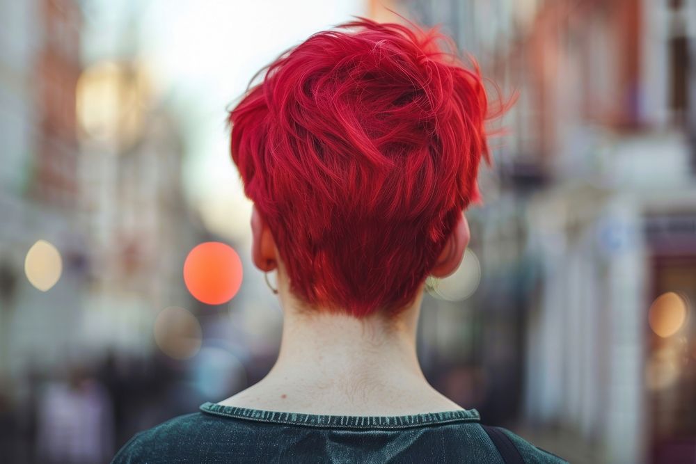 Woman red pixie cut hairstyles back individuality architecture.