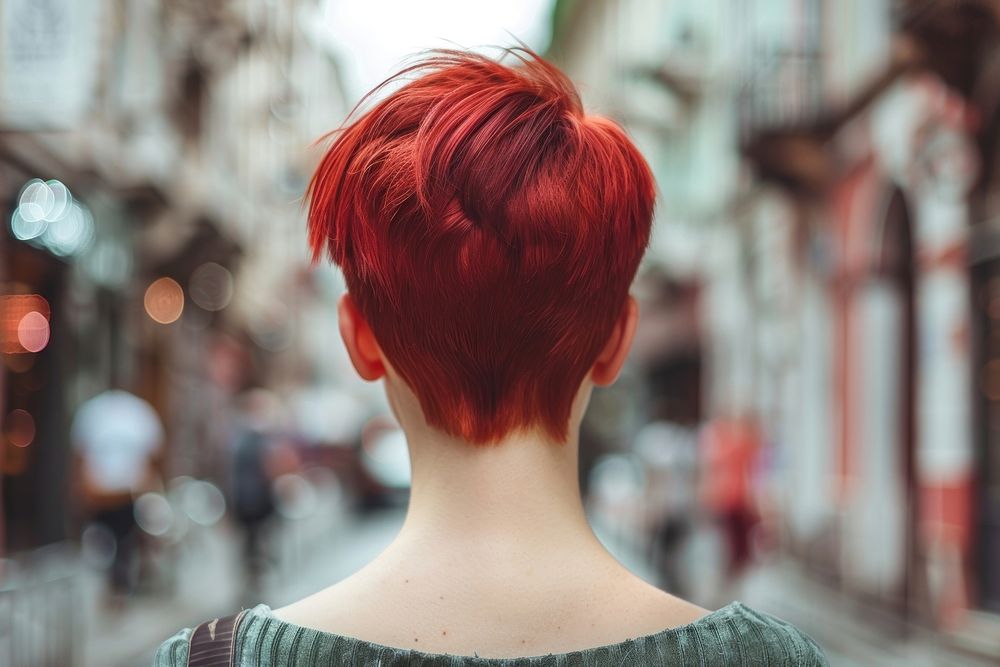Woman red pixie cut hairstyles street back individuality.