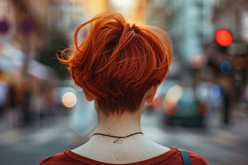 Woman red pixie cut hairstyles street adult back.