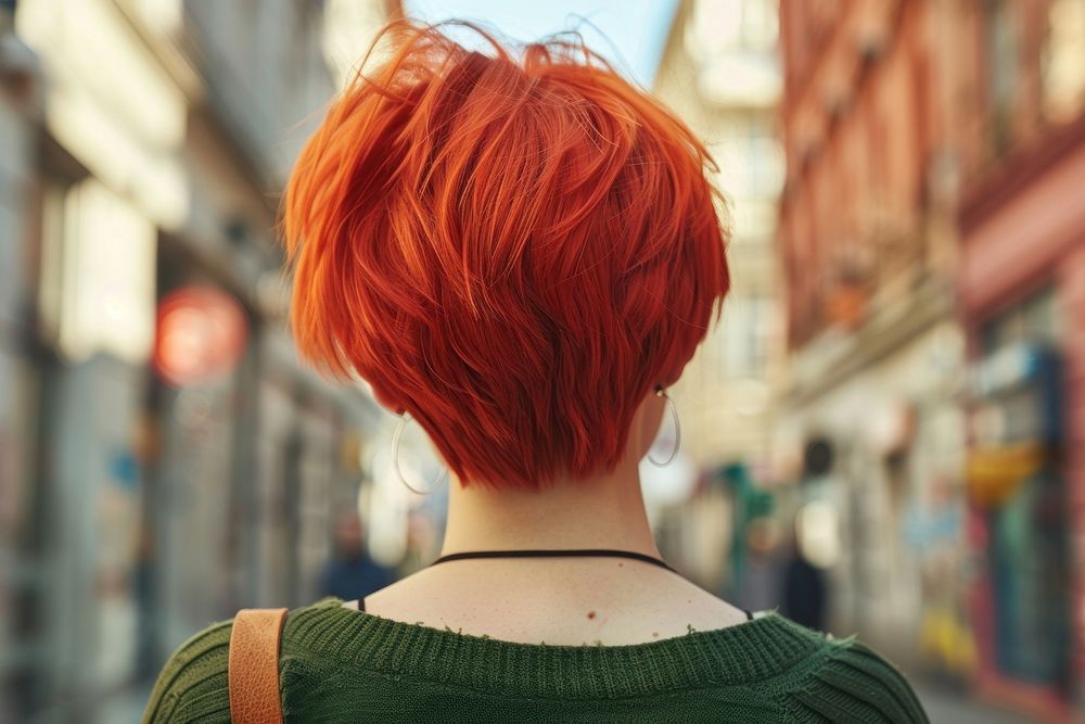 Woman red pixie cut hairstyles back individuality architecture.